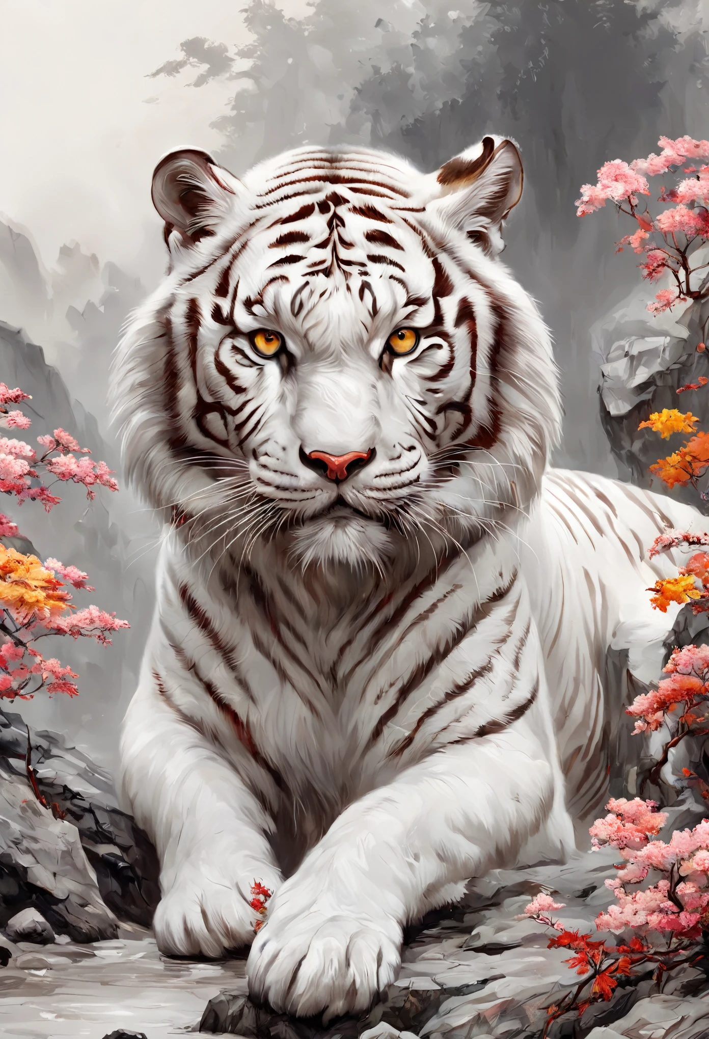 Colorful white tiger，ln the forest，surrounded by flames，[(white backgrounid:1.5)::5]，The middle view is，Full body lesbian，Chinese，blossoms，stone fragment，Beautiful and delicate Chinese white tiger，（Fine strokes：1.1）, Dynamic depiction, Vivid and real, mesmerizing charm, rich pictures, 8K, Ink painting and watercolor, artistic décor, expected insert, wide angles, super detailing, Best quality, A high resolution