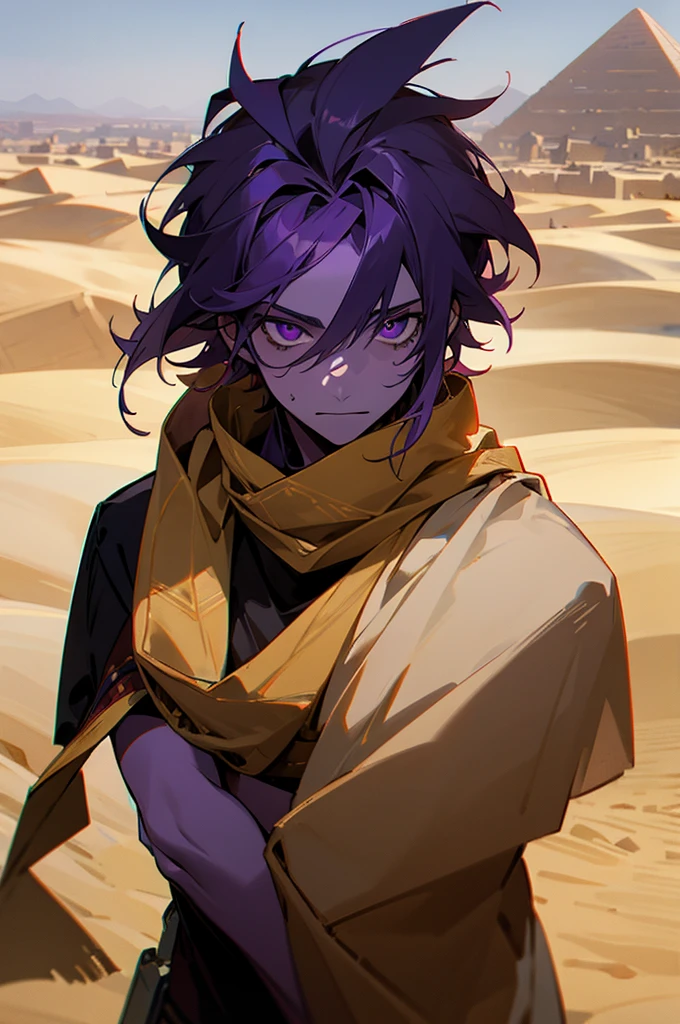 1male, purple skin, messy spikey hair, egyptian clothing, egyptian scarf over face, desert town background, demon