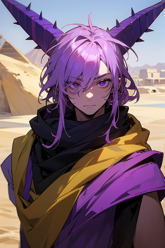 1male, purple skin, messy spikey hair, egyptian clothing, egyptian scarf over face, desert town background, demon