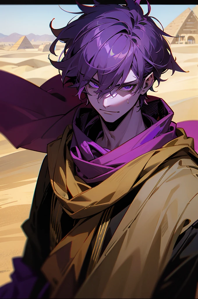 1male, purple skin, messy spikey hair, egyptian clothing, egyptian scarf over face, desert town background, demon
