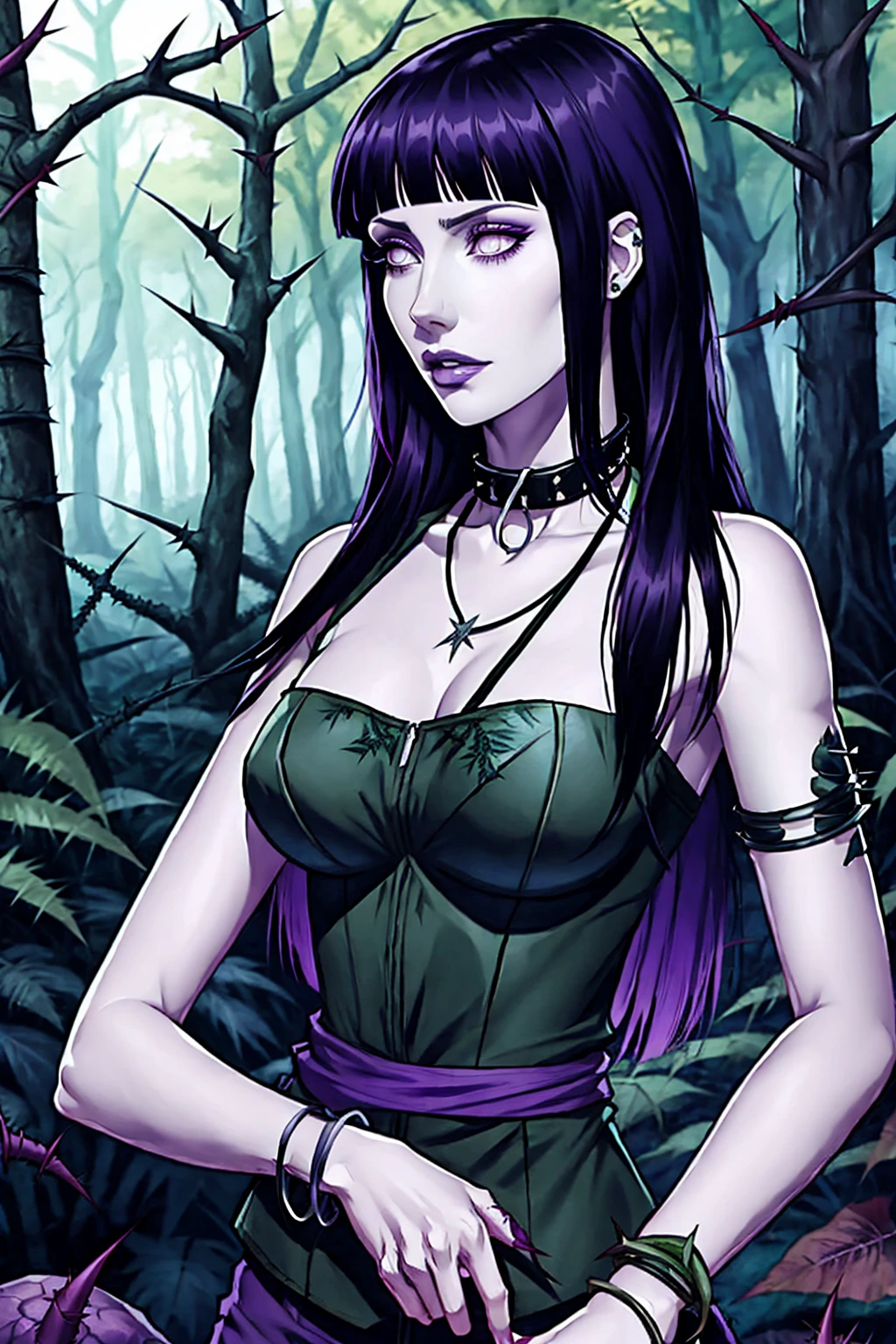 hyuuga hinata, cabelo roxo, pale skin, punk rock clothes, collar of thorns around the neck, thorn bracelets on wrists, in the middle of a forest