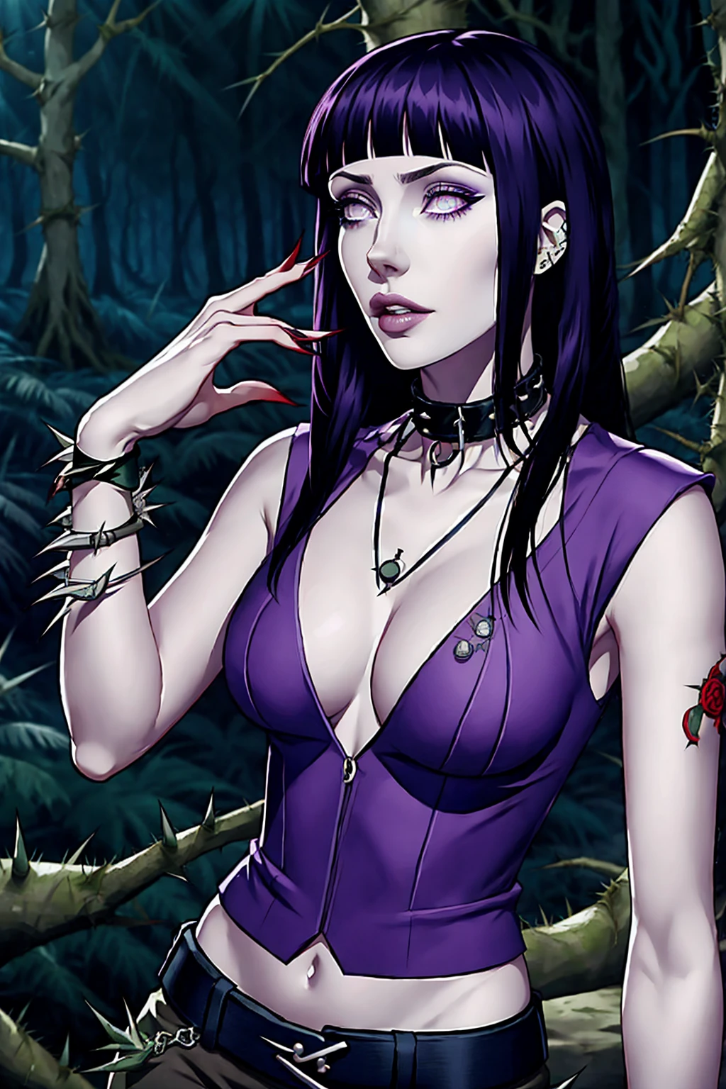 hyuuga hinata, cabelo roxo, pale skin, punk rock clothes, collar of thorns around the neck, thorn bracelets on wrists, in the middle of a forest