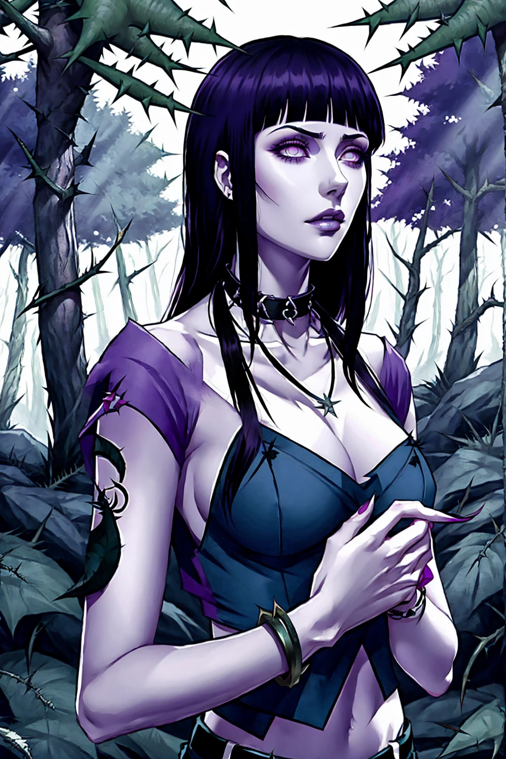 hyuuga hinata, cabelo roxo, pale skin, punk rock clothes, collar of thorns around the neck, thorn bracelets on wrists, in the middle of a forest