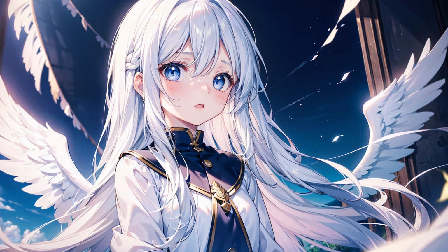 A pretty and cute girl with long white hair and blue eyes、15 years old、Angel wings on the back、Mouth wide open in shock、I'm surprised and my eyes are wide open、comical、Bright expression、A dress made of soft white lace