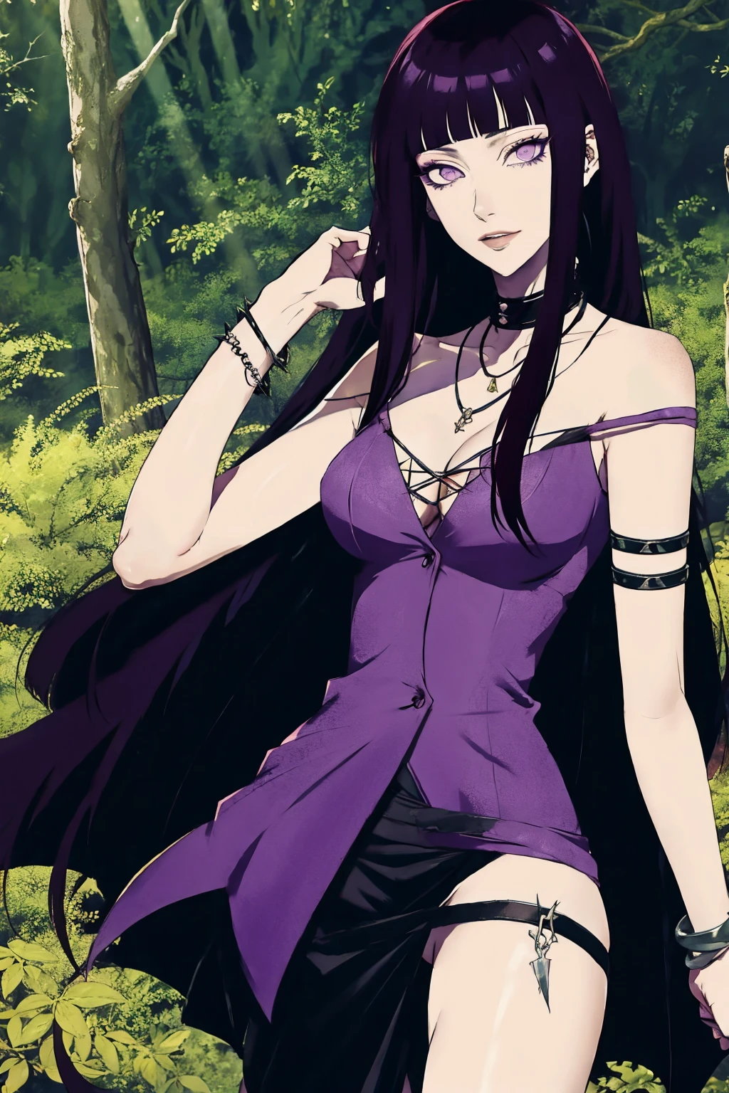 hyuuga hinata, cabelo roxo, pale skin, punk rock clothes, collar of thorns around the neck, thorn bracelets on wrists, in the middle of a forest