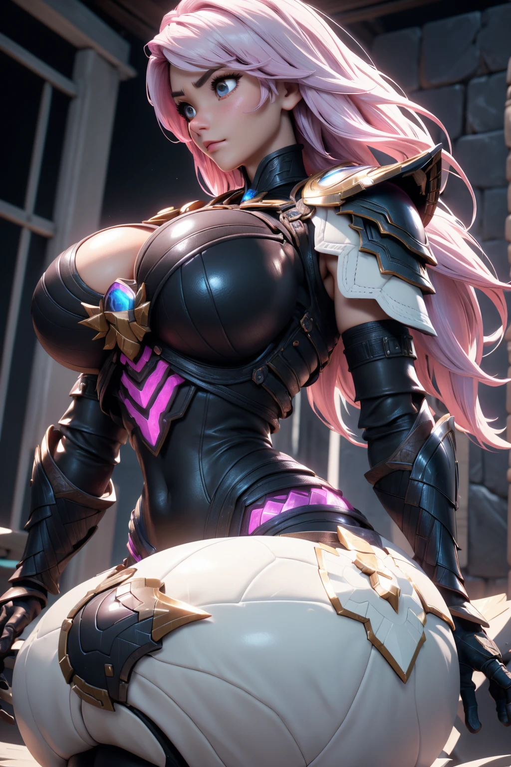 A man in black and white、Close-up of lady with pink hair, Wearing a shining breastplate, Lustrous white armor, Tifa Lockhart white hair, Light black armor, Female characters, Scandal Fantasy Armor, Gorgeous bikini armor, Wearing light leather armor, Fantasy Costume, wearing monster hunter armor, wearing monster hunter armor, very detailed character, Beautiful female priest,huge , Crazy breast swelling, Chest larger than shoulder blades, Big breasts and thin waist,(huge breasts:1.2),Hydrated skin((rogue))((非常huge乳房)),((Grooves reveal original skin))