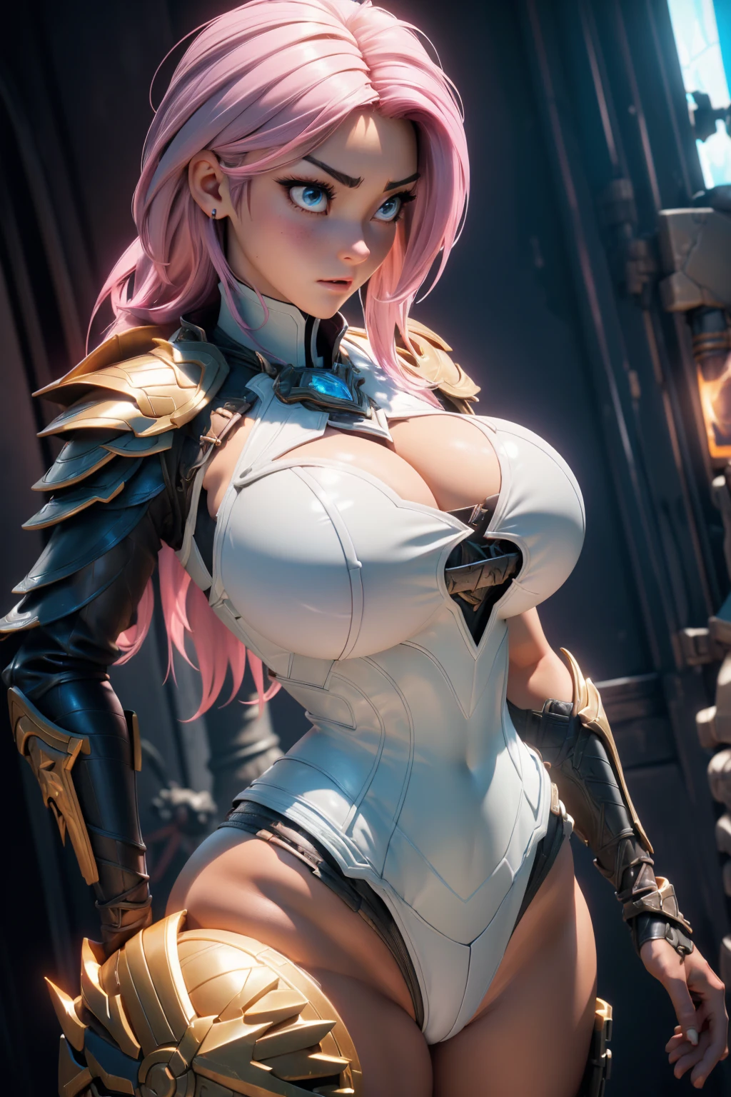 A man in black and white、Close-up of lady with pink hair, Wearing a shining breastplate, Lustrous white armor, Tifa Lockhart white hair, Light black armor, Female characters, Scandal Fantasy Armor, Gorgeous bikini armor, Wearing light leather armor, Fantasy Costume, wearing monster hunter armor, wearing monster hunter armor, very detailed character, Beautiful female priest，huge , Crazy breast swelling, Chest larger than shoulder blades, Big breasts and thin waist，(huge breasts:1.2)，Hydrated skin（（rogue））（（非常huge乳房）），（（Grooves reveal original skin）)