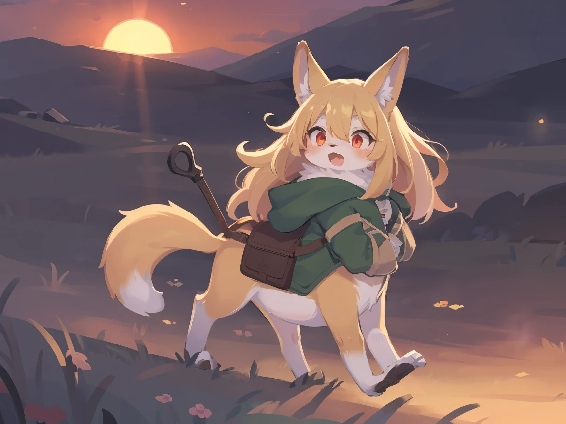the fox, , was hairy, shaggy, skin fur, smooth lashes, golden fur, forelimb hands, straight long blonde hair, solid circle eyes, golden ears, golden fur, golden facial fur, shiny hair, red eyes, super cute face, 1fox tail, fluffy tail, furry tail, glowing eyes, green coat green hood down, brown trousers, riding unsaddled horse, open mouth, embarrassed, ambient light, ultra-fine fur, dashed eyes, full body, masterpiece, high quality, high-details, best quality, wide short, (((solo))), twilight, sun light, red sky, rim light
