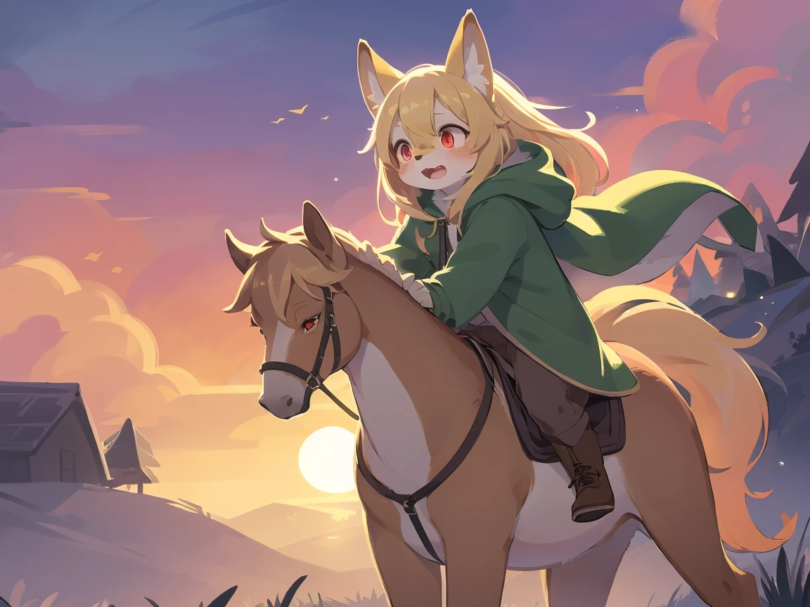 the fox, , was hairy, shaggy, skin fur, smooth lashes, golden fur, forelimb hands, straight long blonde hair, solid circle eyes, golden ears, golden fur, golden facial fur, shiny hair, red eyes, super cute face, 1fox tail, fluffy tail, furry tail, glowing eyes, green coat green hood down, brown trousers, riding unsaddled horse, open mouth, embarrassed, ambient light, ultra-fine fur, dashed eyes, full body, masterpiece, high quality, high-details, best quality, wide short, (((solo))), twilight, sun light, red sky, rim light