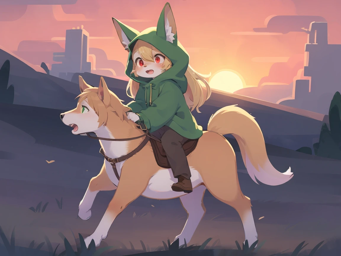  the fox, , was hairy, shaggy, skin fur, smooth lashes, golden fur, forelimb hands, straight long blonde hair, solid circle eyes, golden ears, golden fur, golden facial fur, shiny hair, red eyes, super cute face, 1fox tail, fluffy tail, furry tail, glowing eyes, green coat green hood down, brown trousers, riding unsaddled horse, open mouth, embarrassed, ambient light, ultra-fine fur, dashed eyes, full body, masterpiece, high quality, high-details, best quality, wide short, (((solo))), twilight, sun light, red sky, rim light