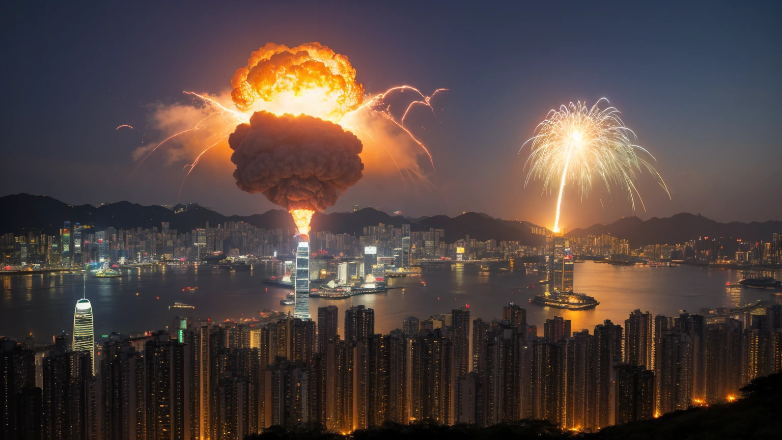 lookiing at a bright gigantic mid-air nuclear explosion over Kowloon from a hill top at Hong Kong island, shockwave, masterpiece, realistice, detailed, dark night time