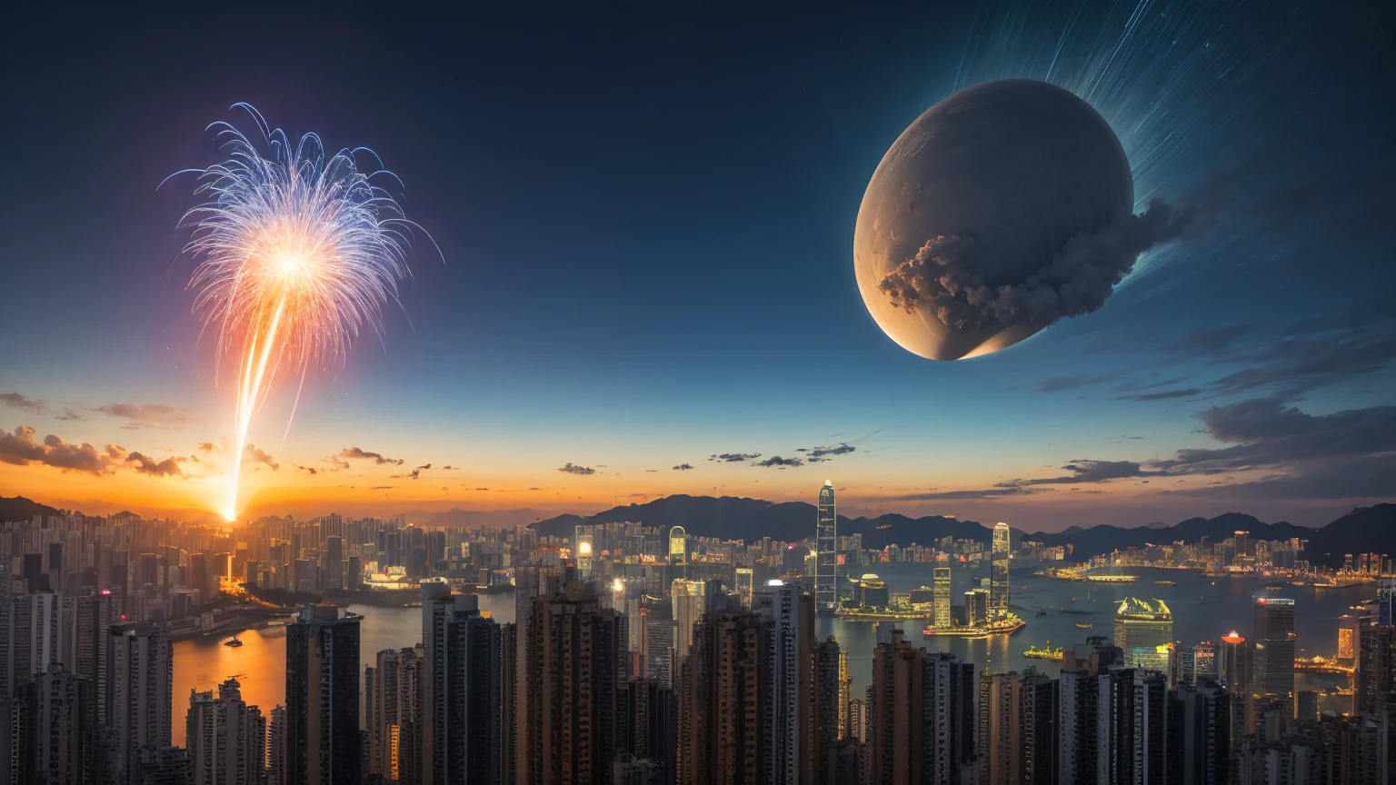 lookiing at a bright gigantic mid-air nuclear explosion over Kowloon from a hill top at Hong Kong island, shockwave, masterpiece, realistice, detailed, dark night time