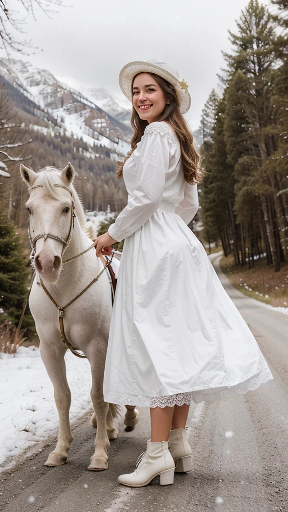 Portrait,a beauty young lady,she wears white lace hat.She wear a white long-sleeved blouse and white color long skirt and white lady shoes.She rode in a white horse-drawn carriage,smiling happily, snowy mountain road,alpine trees are beside the road,she look back angle to camera,hd cinematic,photorealistic