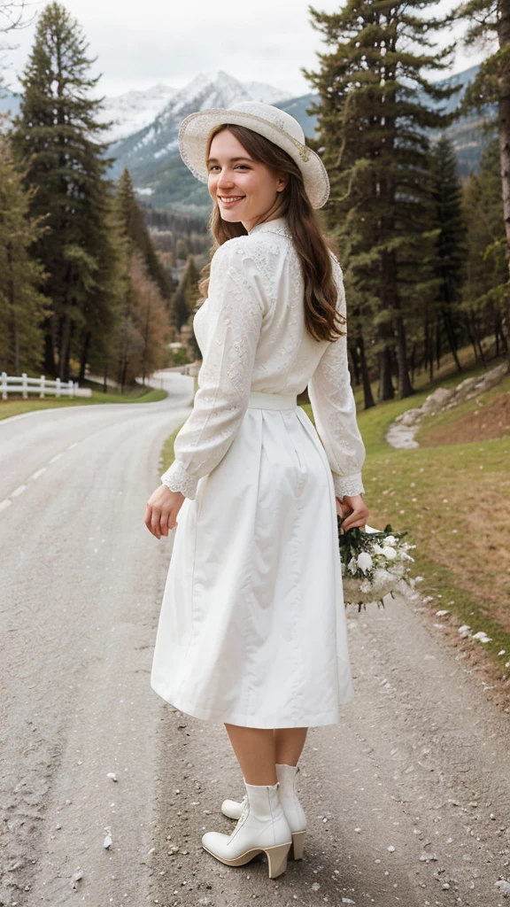 Portrait,a beauty young lady,she wears white lace hat.She wear a white long-sleeved blouse and white color long skirt and white lady shoes.She rode in a white horse-drawn carriage,smiling happily, snowy mountain road,alpine trees are beside the road,she look back angle to camera,hd cinematic,photorealistic