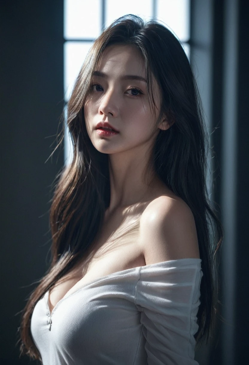 best quality, masterpiece, Ultra-high resolution, (Realistic:1.5), original photo, 1 girl, Off-shoulder, in the darkness, Deep shadows, Low profile, Cold Light, sexy look, long hair,Mix Girl,Yinglaite, Half-length photo,NSFW