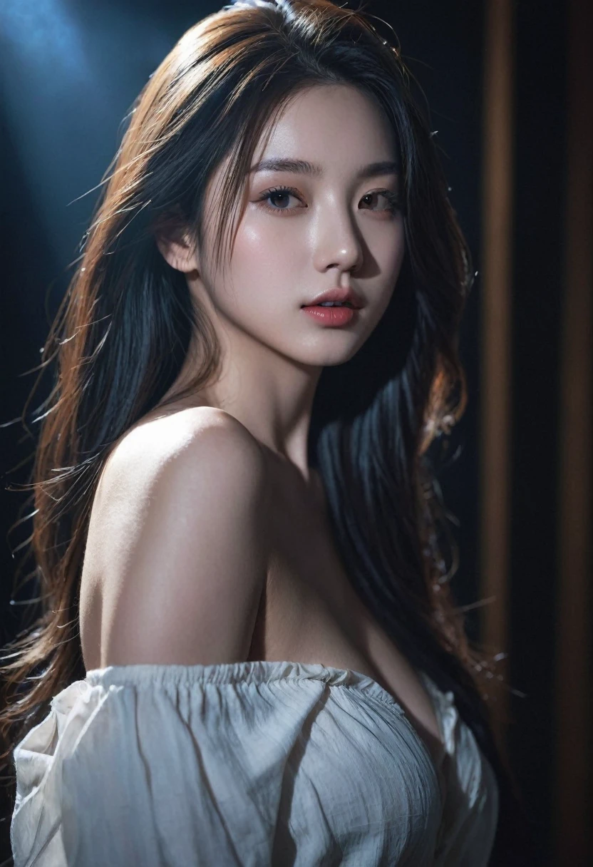 best quality, masterpiece, Ultra-high resolution, (Realistic:1.5), original photo, 1 girl, Off-shoulder, in the darkness, Deep shadows, Low profile, Cold Light, sexy look, long hair,Mix Girl,Yinglaite, Half-length photo,NSFW