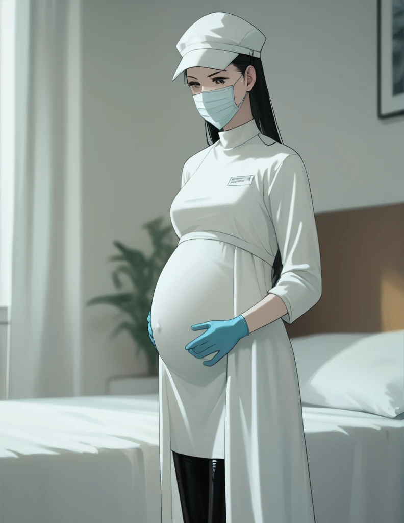 Score_9, Score_8_up, Score_7_up, source_anime, Kasuganoray, pale skin, long scrubbed hair, surgical mask, surgical cap, long sleeve maternity dress,
1 girl, pregnant, solo, rubber gloves, looking down, frowning, operating bed, in the operating room, standing,