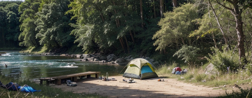 wild camping next to a river, bonfire and camping items, wild environment, inhospitable, lush vegetation and sky