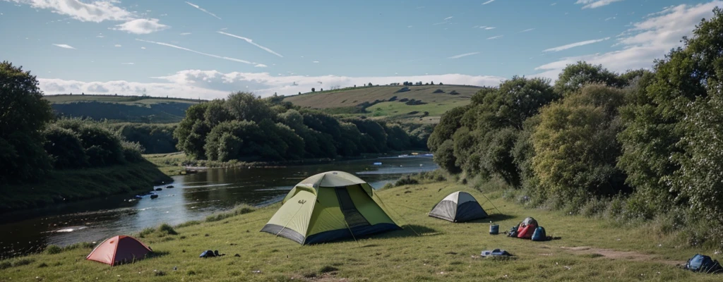 wild camping next to a river, bonfire and camping items, wild environment, inhospitable, lush vegetation and sky
