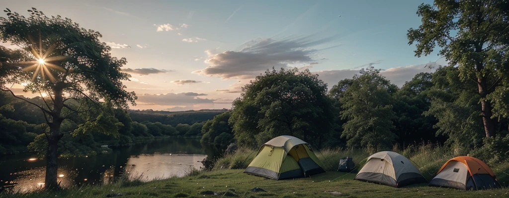 wild camping next to a river, bonfire and camping items, wild environment, inhospitable, lush vegetation and sky