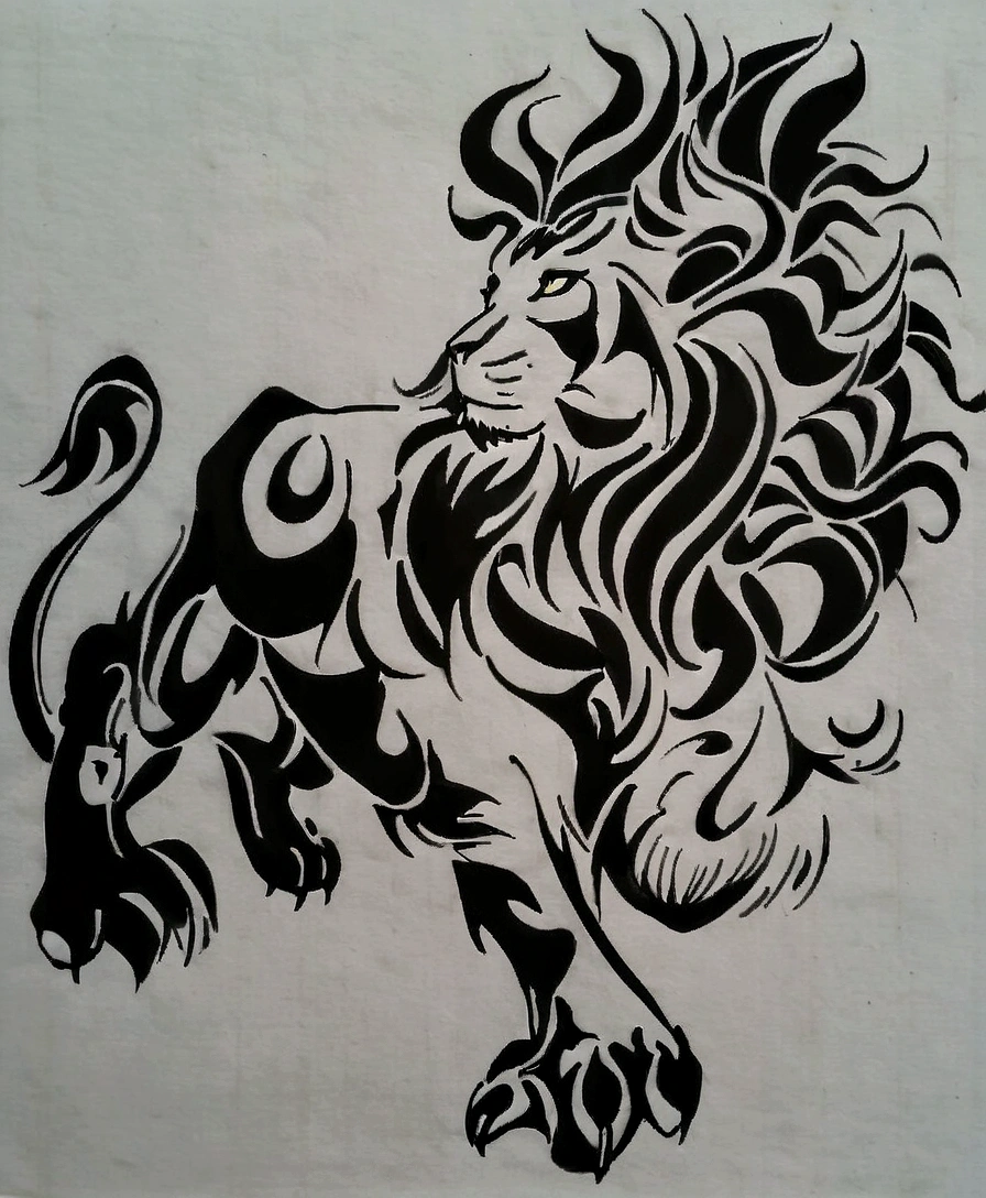 a close up of a drawing of a lion with a large mane, fire lion, 2 d full body lion, ink artwork, drawn on paper, ink art, artistic drawing, sumi ink style, inked drawing, black ink line art, black ink painting, black ink drawing, with the mane of a lion, tattoo design, monochrome artwork!!, artistic sketch