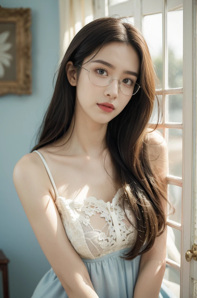 (((best quality))),(((ultra detailed))),(((masterpiece))),illustration,((1 beautiful girl,solo)),(glasses:1.3),slim,thin,small breasts,flat chest,shoulder length straight hair,on bed,dilapidated,hotel room,summer's afternoon,anticipation,shyness,date,big almond-shaped eyes,excited,nervous,fair skin,flawless,rosy cheeks,light blue collared shirt-dress,slender figure,delicate collarbones,white flowers,delicate silver chain,rusty bed frame,peeling wallpaper,white lace curtain,warm sunlight,soft warm glow,old-fashioned radio,cheerful tune,nervousness,heart pounding,excitement,door,plain attire,electric atmosphere,love,butterflies,((from front,close-up of face))
