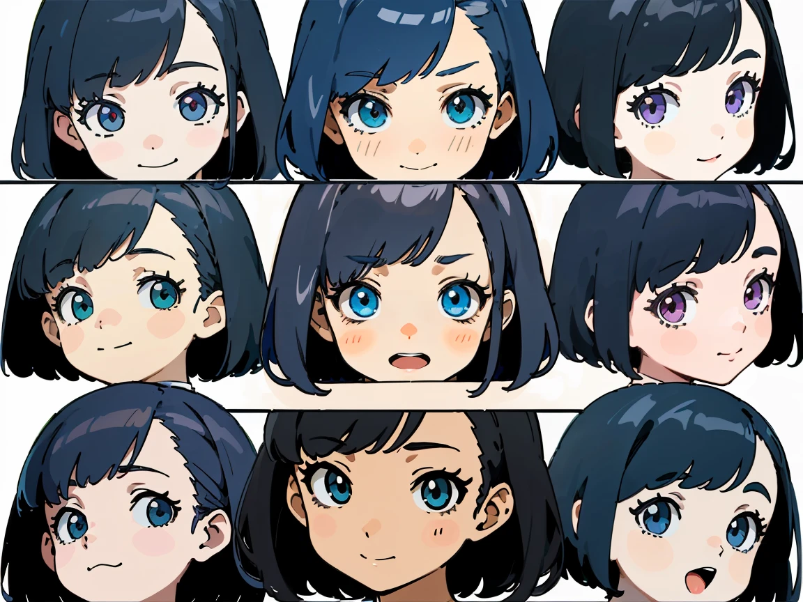 (masterpiece, best quality), 1girl, anime character facial expression sheet, Draw one facial expression from various directions on one sheet, draw a total of 6 faces, 3 horizontally and 2 vertically. The specified facial expression is a cheerful smile, portrait shot area depiction,
BREAK,
girl, age18, 165cm tall, slender, medium bob brunette hair, large slanted eyes, , (simple white background, only characters are colored:1.3),