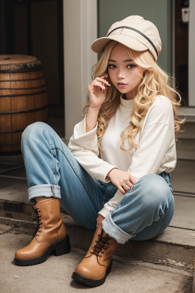 One with curly blonde hair with freckles on her face wearing cropped pants, boots on her feet and a hat on her head