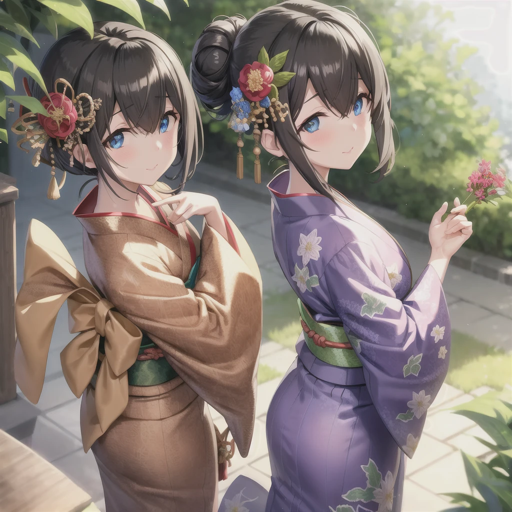 sagisawa fumika, mekakure,
black_hair, blue_eyes, (large breasts:0.5),  alternate_hairstyle, bamboo, bangs, blue_kimono, blurry, blurry_background, blurry_foreground, blush, bokeh, closed_mouth, depth_of_field, double_bun, eyebrows_visible_through_hair, floral_print, flower, focused, hair_between_eyes, hair_bun, hair_flower, hair_ornament, japanese_clothes, kimono, leaf, looking_at_viewer, motion_blur, photo_\(medium\), plant, print_kimono, sash, side_bun, sidelocks, smile, solo, tanabata, tanzaku, upper_body, green flower, yukata, for back,