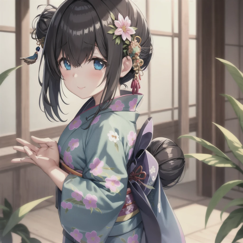 sagisawa fumika, mekakure,
black_hair, blue_eyes, (large breasts:0.5),  alternate_hairstyle, bamboo, bangs, blue_kimono, blurry, blurry_background, blurry_foreground, blush, bokeh, closed_mouth, depth_of_field, double_bun, eyebrows_visible_through_hair, floral_print, flower, focused, hair_between_eyes, hair_bun, hair_flower, hair_ornament, japanese_clothes, kimono, leaf, looking_at_viewer, motion_blur, photo_\(medium\), plant, print_kimono, sash, side_bun, sidelocks, smile, solo, tanabata, tanzaku, upper_body, green flower, yukata, for back,