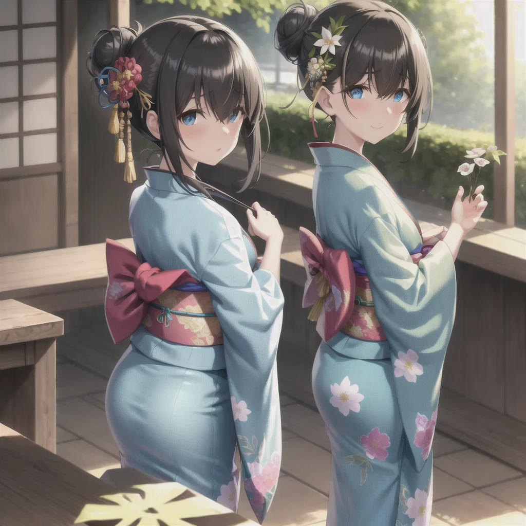 sagisawa fumika, mekakure,
black_hair, blue_eyes, (large breasts:0.5),  alternate_hairstyle, bamboo, bangs, blue_kimono, blurry, blurry_background, blurry_foreground, blush, bokeh, closed_mouth, depth_of_field, double_bun, eyebrows_visible_through_hair, floral_print, flower, focused, hair_between_eyes, hair_bun, hair_flower, hair_ornament, japanese_clothes, kimono, leaf, looking_at_viewer, motion_blur, photo_\(medium\), plant, print_kimono, sash, side_bun, sidelocks, smile, solo, tanabata, tanzaku, upper_body, green flower, yukata, for back,