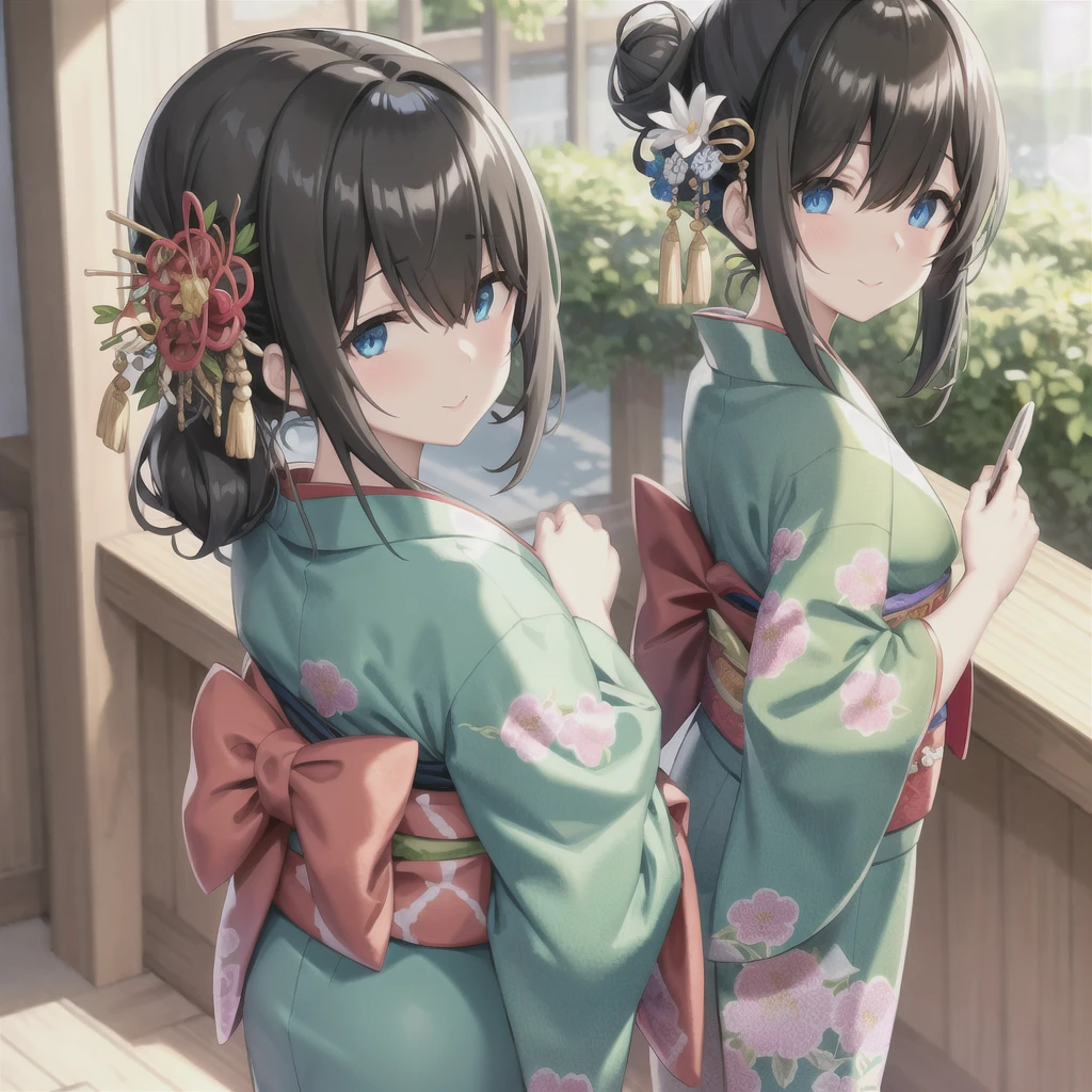 sagisawa fumika, mekakure,
black_hair, blue_eyes, (large breasts:0.5),  alternate_hairstyle, bamboo, bangs, blue_kimono, blurry, blurry_background, blurry_foreground, blush, bokeh, closed_mouth, depth_of_field, double_bun, eyebrows_visible_through_hair, floral_print, flower, focused, hair_between_eyes, hair_bun, hair_flower, hair_ornament, japanese_clothes, kimono, leaf, looking_at_viewer, motion_blur, photo_\(medium\), plant, print_kimono, sash, side_bun, sidelocks, smile, solo, tanabata, tanzaku, upper_body, green flower, yukata, for back,