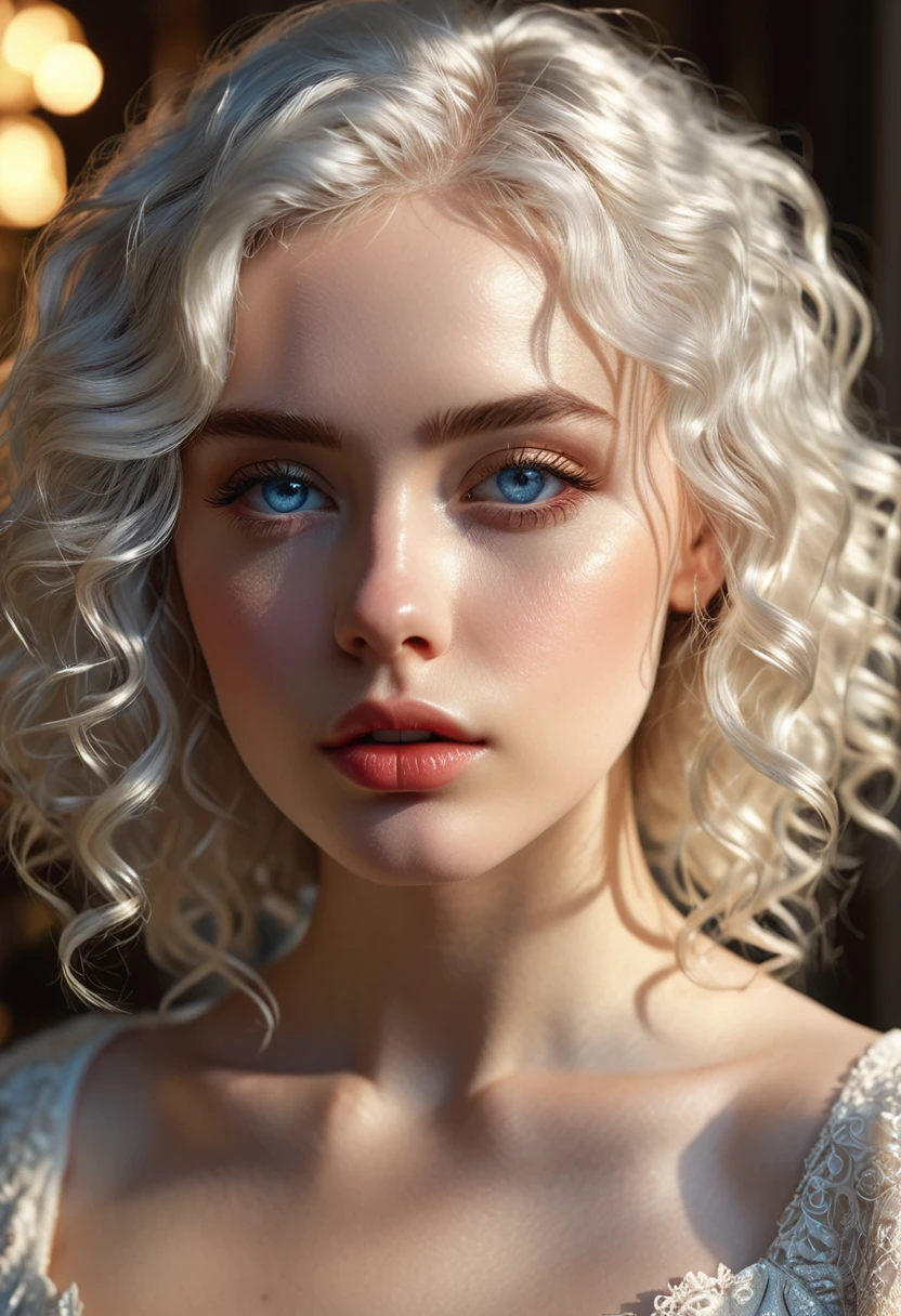 (perfect details), (extremely fine and beautiful:1.1), beautiful face, beautiful light blue eyes, (detailed face, detailed eyes:1.2), realistic skin textures, detailed pouty lips, very pale skin, shiny curly white hair, (add layer:1.2), dynamic angle, scenery MM, dramatic lighting, volumetric lighting, golden hour, masterpiece, best, quality, exotic pale Girl, hd. Realistic, 8k, hyper realistic details