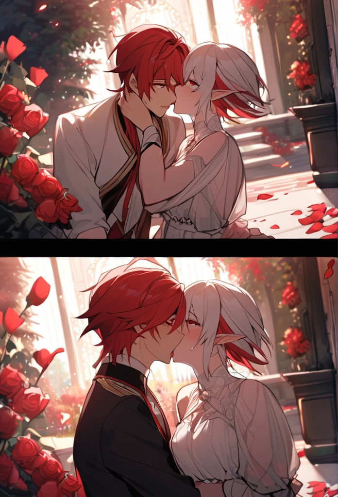 2 boys, Tall and Handsome with Short Straight Blood Red Hair with White Tips, and Crimson Eyes, Next to him is an elf boy with short white hair and red eyes.. A Romantic Kiss Scene. They are in a garden with beds of white roses and a fountain, Rose Petals Fly Across the Stage during the Kiss with an Air, They Are Having Sex with the Red Haired Boy Penetrating him with his Penis, the Elf Boy Has His Hands Leaning on a Wall, tongue out, Ahegao Face.