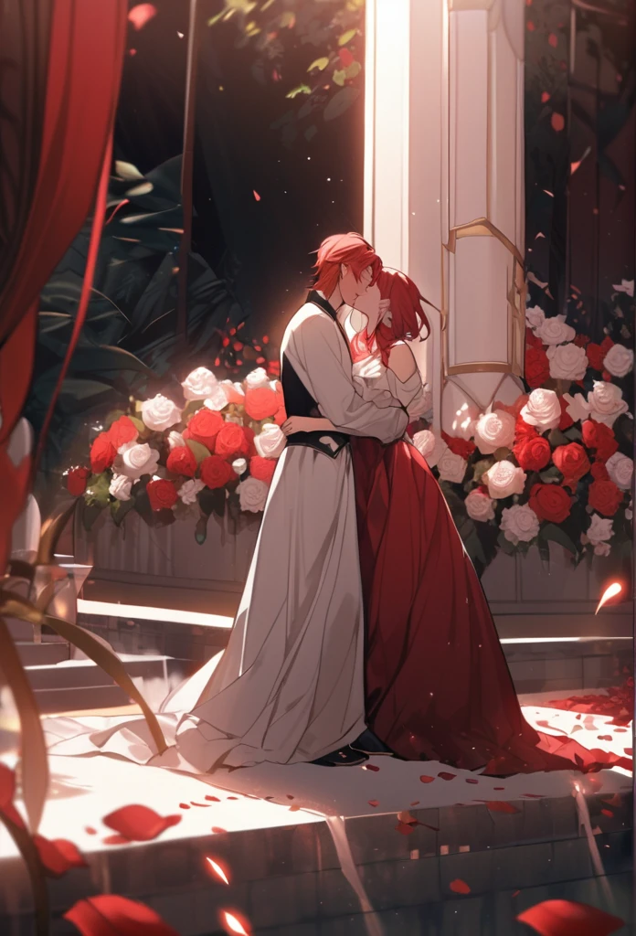 2 boys, Tall and Handsome with Short Straight Blood Red Hair with White Tips, and Crimson Eyes, Next to him is an elf boy with short white hair and red eyes.. A Romantic Kiss Scene. They are in a garden with beds of white roses and a fountain, Rose Petals Fly Across the Stage during the Kiss with an Air, They Are Having Sex with the Red Haired Boy Penetrating him with his Penis, the Elf Boy Has His Hands Leaning on a Wall, tongue out, Ahegao Face.