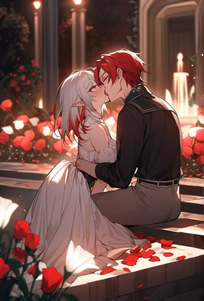 2 boys, Tall and Handsome with Short Straight Blood Red Hair with White Tips, and Crimson Eyes, Next to him is an elf boy with short white hair and red eyes.. A Romantic Kiss Scene. They are in a garden with beds of white roses and a fountain, Rose Petals Fly Across the Stage during the Kiss with an Air, They Are Having Sex with the Red Haired Boy Penetrating him with his Penis, the Elf Boy Has His Hands Leaning on a Wall, tongue out, Ahegao Face.