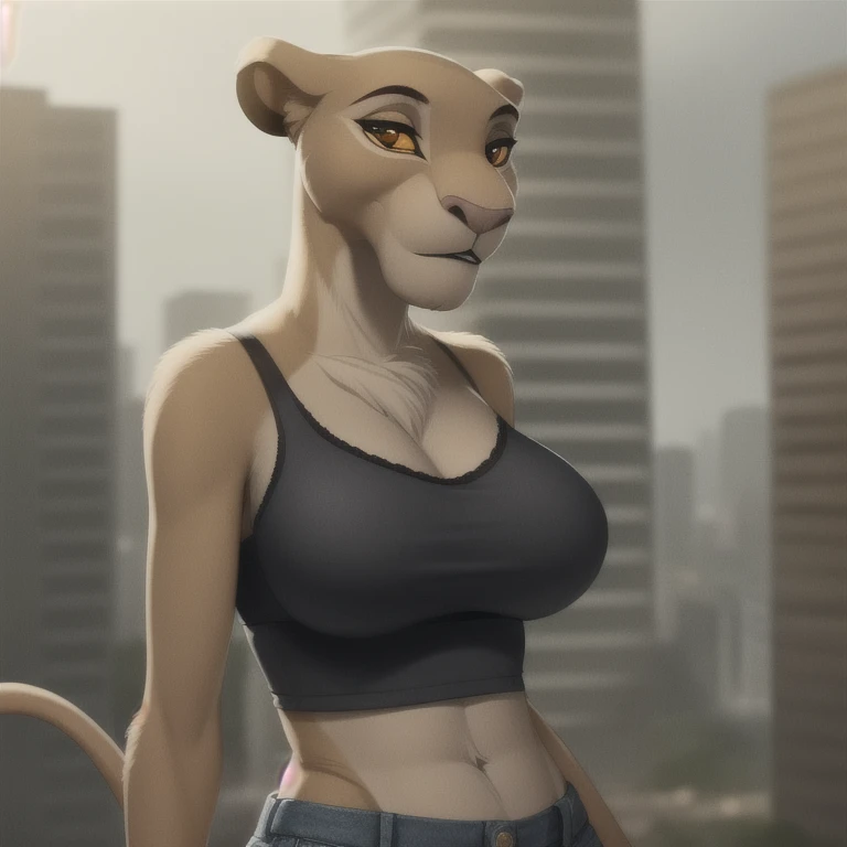 sarabi, furry female anthro, lion girl, portrait, close-up, fur trim, solo, (body fur:1.2), (best quality), (detailed urban background:1.2), dramatic lighting, (detailed fluffy fur:1.1), three-quarter view, big breasts, black bra, torn jean shorts, bedroom eyes, looking at viewer