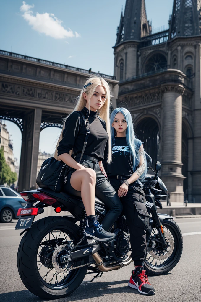 Character with long blonde hair and blue hair with a tight black Nike blouse and black cargo pants with Nike sneakers with a helmet in his hand and a red black motorcycle on his side in front of the Paris Tower 