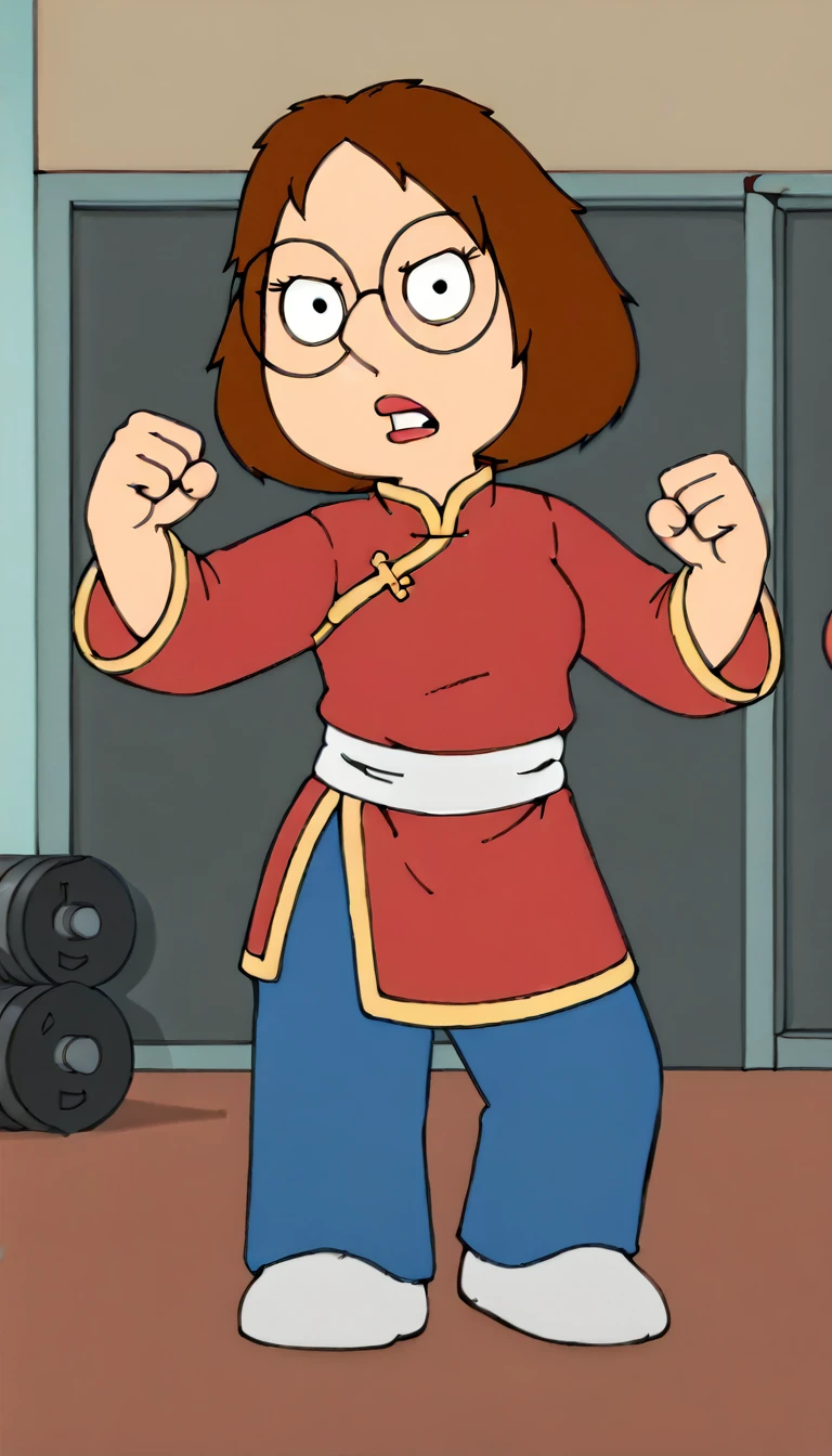  meg, (((1girl, solo, alone, short brown hair, glasses))), shortstack, flat color, looking at viewer,  parted lips,

   chinese clothes, long sleeves, pants, wide sleeves, fighting pose, fight, raised leg, angry,   

 dynamic pose, dynamic angle, cowboy shot,

indoor, gym, 