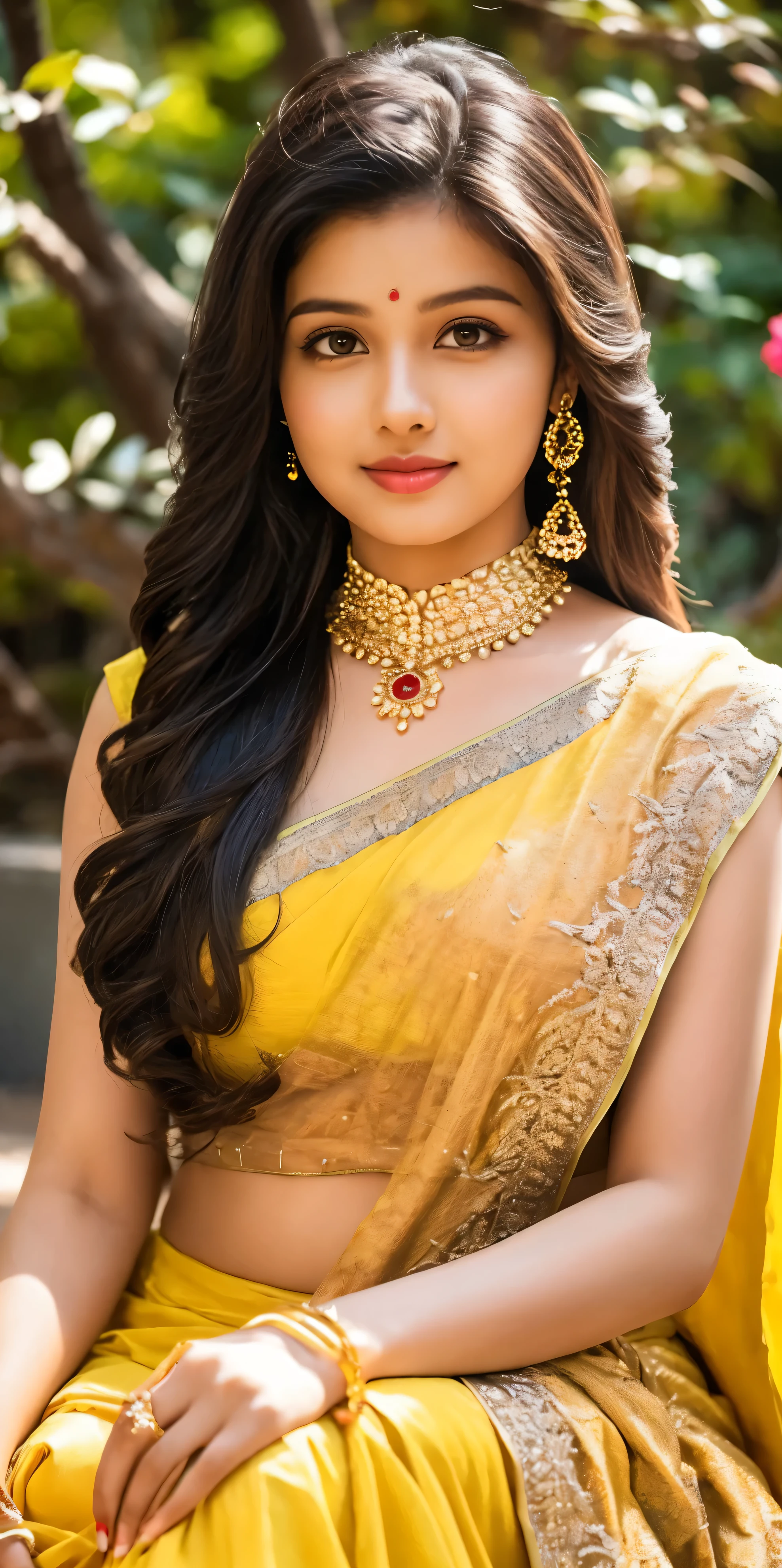 8K, ultra high detailed, an indian girl, cute face, happy, long hair, impressive hairstyle, detailed eyes, detailed lips, indian clothes, saree, golden saree, lace, wearing jewellery, nature background, flowers, afternoon, shadow, clear weather, sitting, whole body capture,