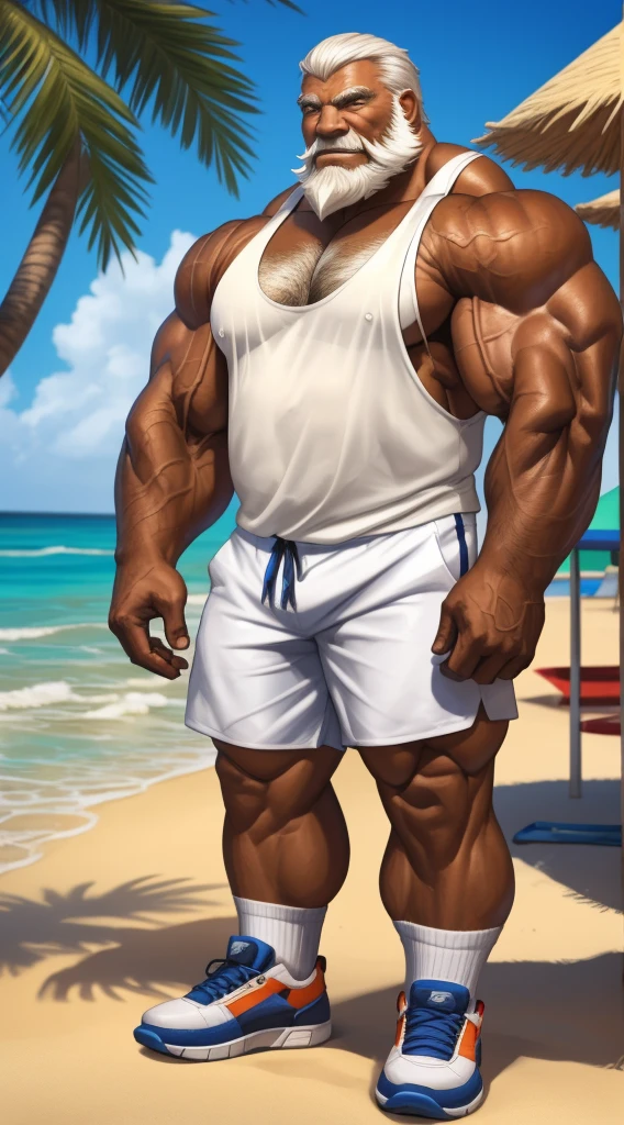 huge muscular old man in street city, big smile, old man, thick arm, huge arm, bearded. white hair and beard, bearded, (muscular, pectoral, wide pectoral, thick arms), beach, palm, realistic, 8k, masterpiece, (wearing white shorts and tank top, shoes)