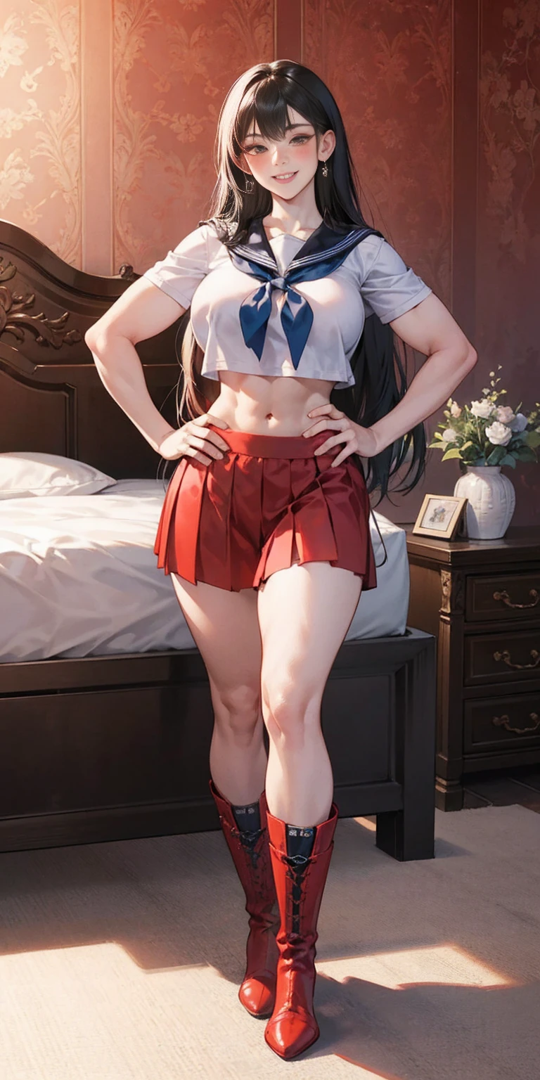 woman bodybuilder with very large calves very beautiful resemblance sailor uniform, full body standing symmetrical lustful smirking smile face (red blush), martial art, bouquet of flowers holding, full body toe to head, feet together, high boots, big breast, paladin warrior knight, hands on hips. red tattoo on belly, bedroom background, royal bedroom