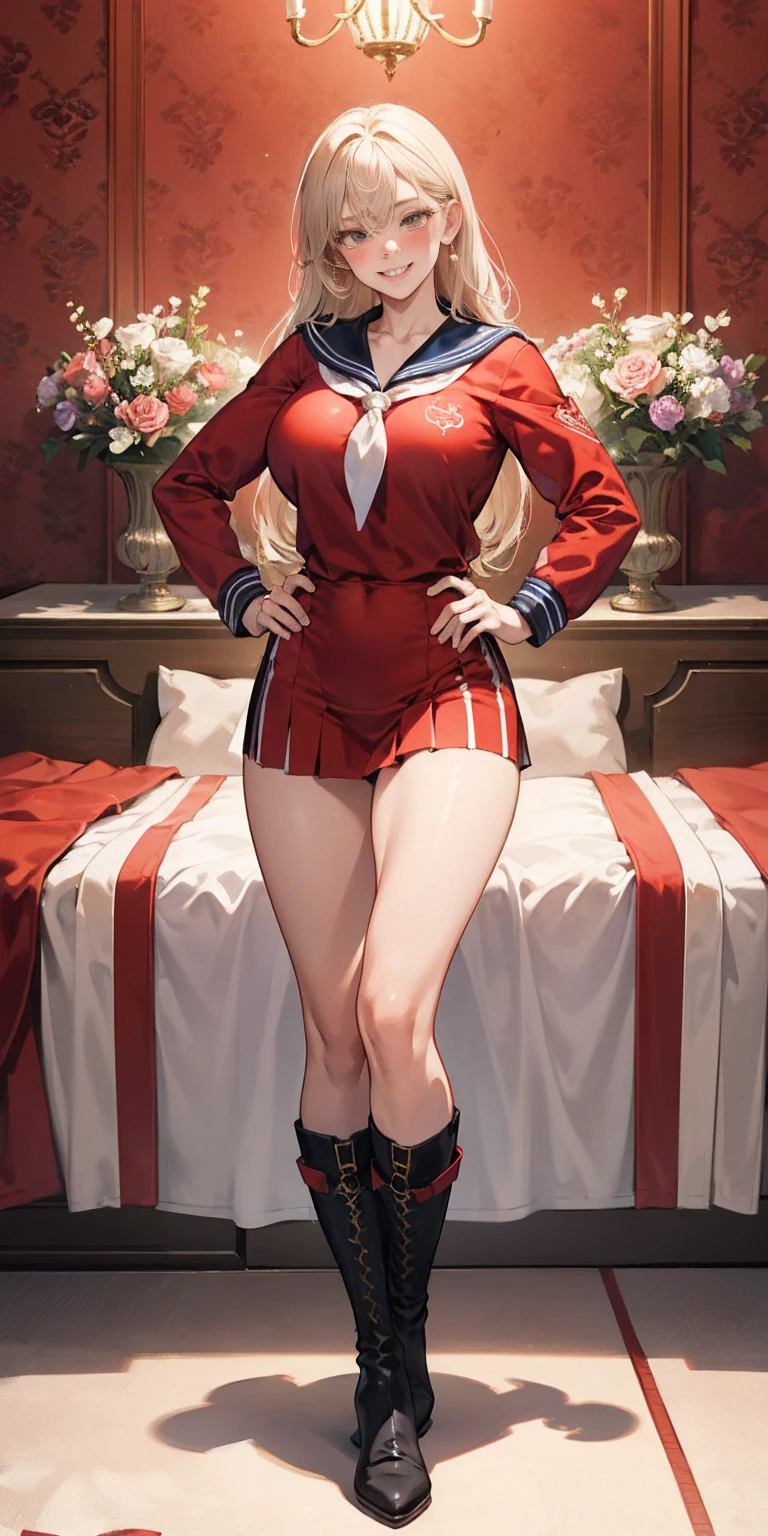 woman bodybuilder with very large calves very beautiful resemblance sailor uniform, full body standing symmetrical lustful smirking smile face (red blush), martial art, bouquet of flowers holding, full body toe to head, feet together, high boots, big breast, paladin warrior knight, hands on hips. red tattoo on belly, bedroom background, royal bedroom