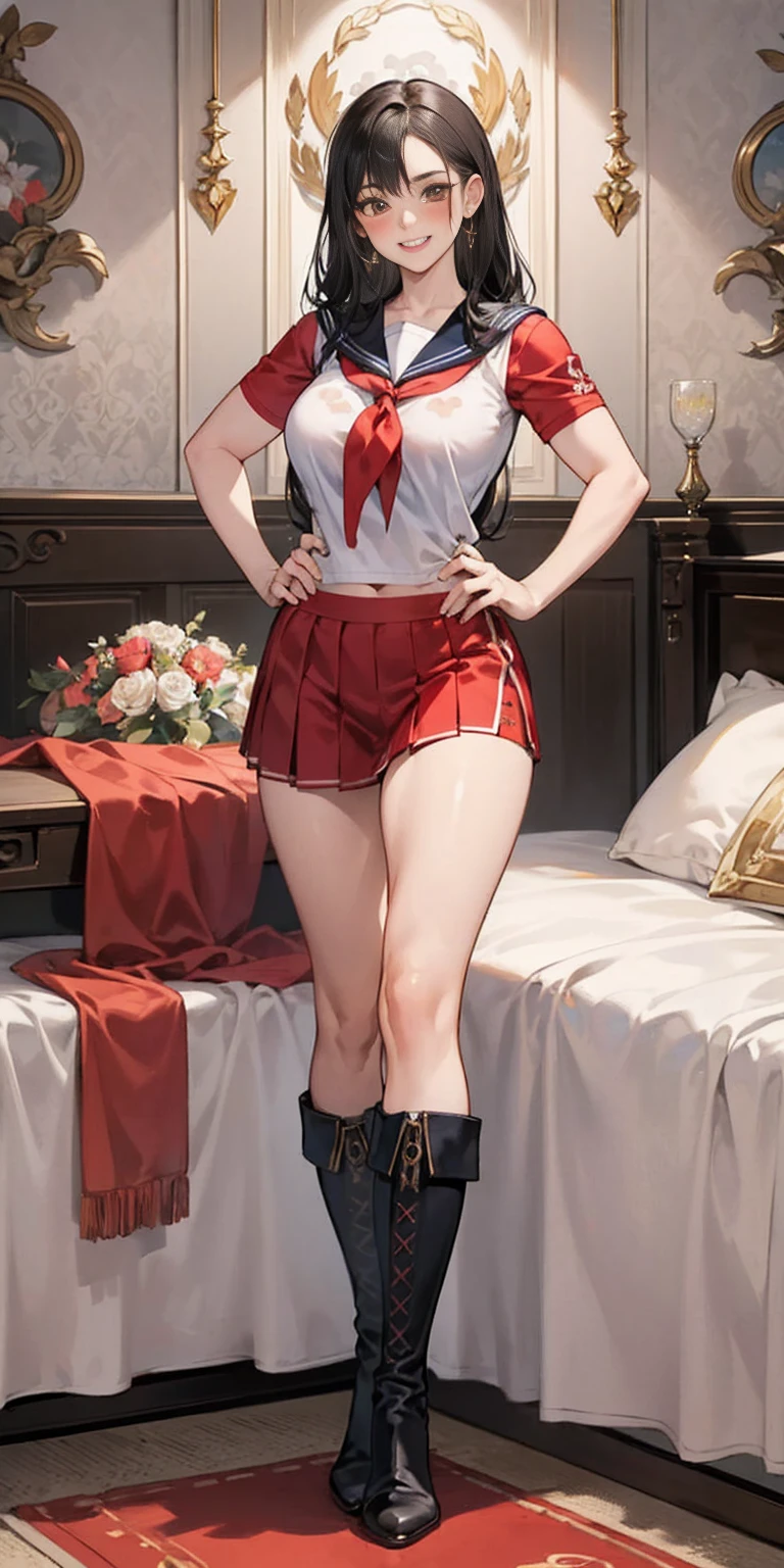 woman bodybuilder with very large calves very beautiful resemblance sailor uniform, full body standing symmetrical lustful smirking smile face (red blush), martial art, bouquet of flowers holding, full body toe to head, feet together, high boots, big breast, paladin warrior knight, hands on hips. red tattoo on belly, bedroom background, royal bedroom