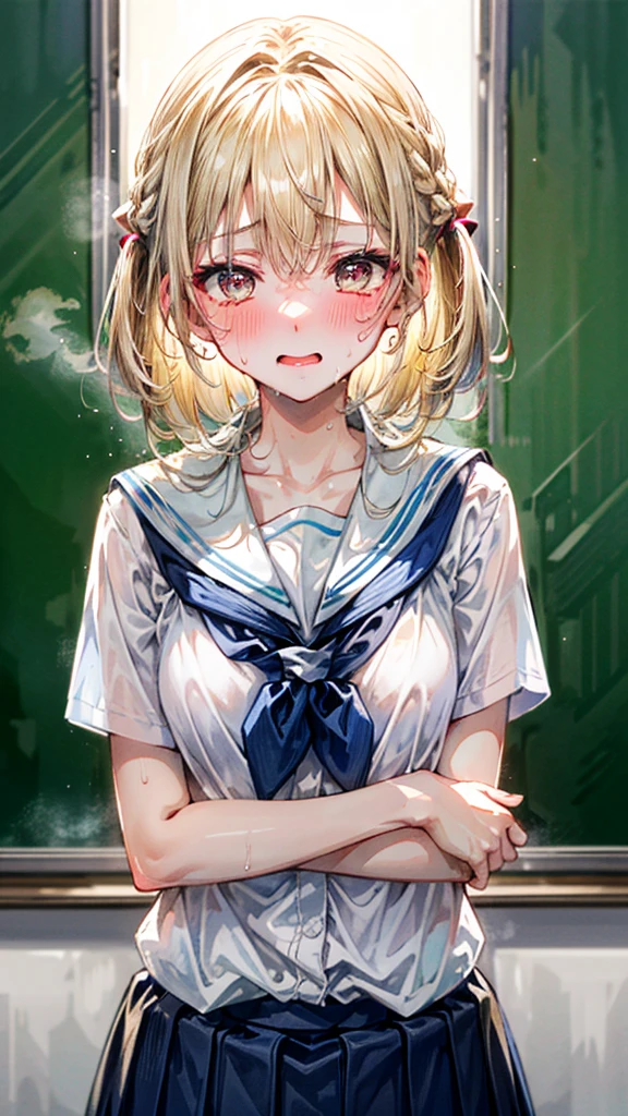 (Best quality, 8k, 32k, Masterpiece, UHD,:1.2),RAW, 1girl,ultra cute , natural lighting,transparent shining eyes, 20yo ,fair complexion, long hair, french braid, flushed face,femur,upper body show, blonde short hair, (ecstasy:0.8) ,(slut:0.8), (vulgarity:0.8), (fucked silly:0.8),(steam:0.8),,(trembling:1.3)),(tears:0.7) ,(drooling:0.6),sweat, embarrassed, blush, ((school uniform)), Cowboy shot