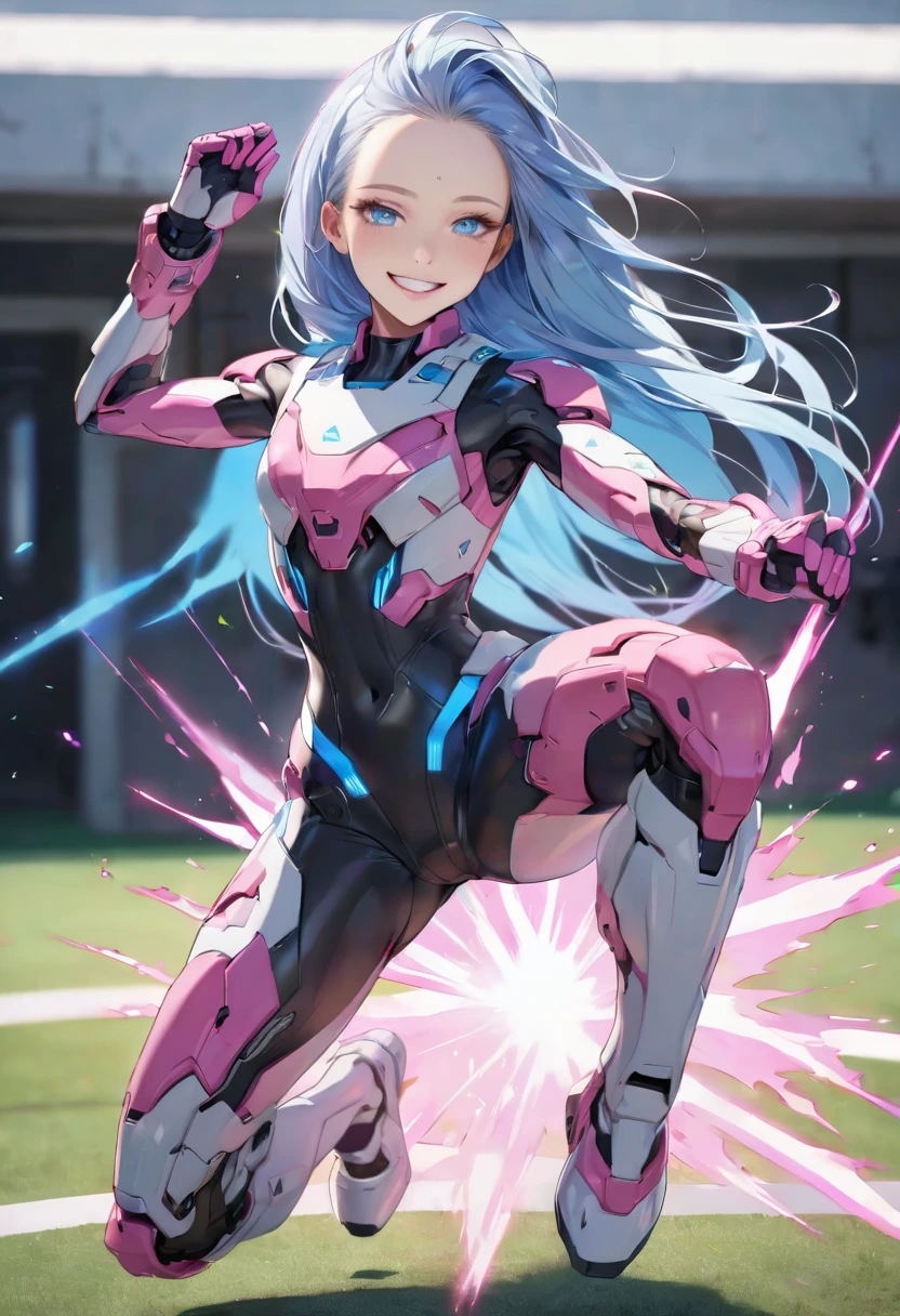 (battle style) (in a detailed beautiful Cyber Battle Suit), (15 yo, solo:2, forehead blue hair long hair lovely girl, cute blue eyes, grin smile, pink lip), (Preparing for a high kick), break, in the Training ground, BREAK, ((body is aura effect)), perfect anatomy, masterpiece, best quality, 16k, beautiful detailed grow, daydreaming expression.