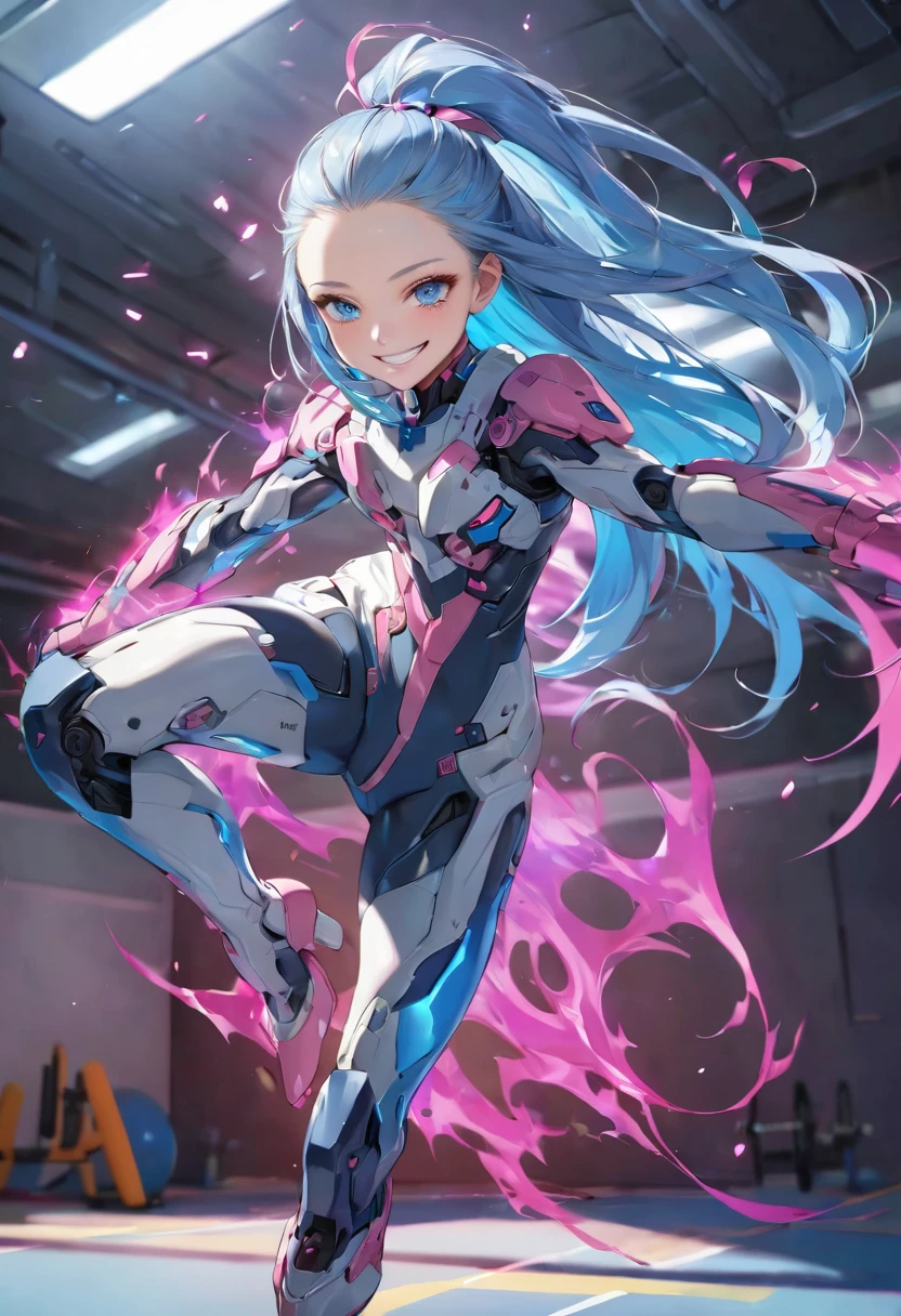 (battle style) (in a detailed beautiful Cyber Battle Suit), (15 yo, solo:2, forehead blue hair long hair lovely girl, cute blue eyes, grin smile, pink lip), (Preparing for a high kick), break, in the Training ground, BREAK, ((body is aura effect)), perfect anatomy, masterpiece, best quality, 16k, beautiful detailed grow, daydreaming expression.
