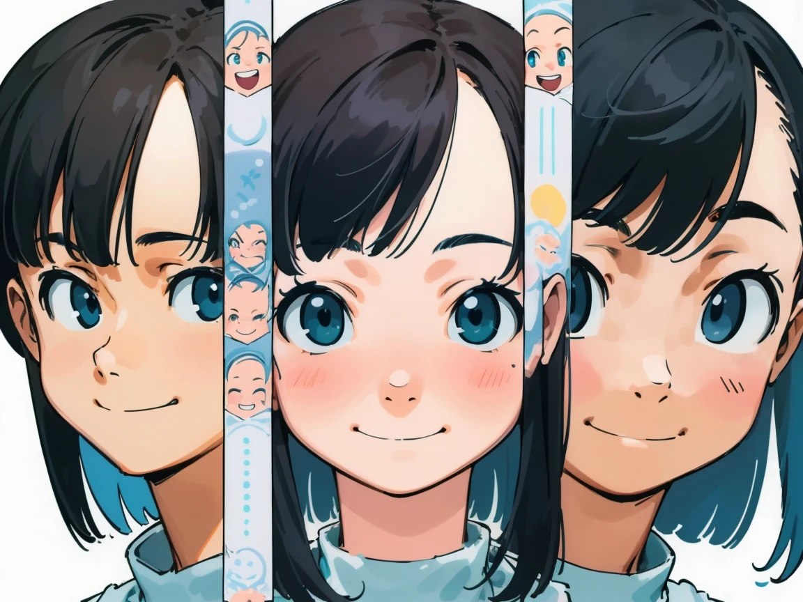 (masterpiece, best quality), 1girl, anime character facial expression sheet, Draw one facial expression from various directions on one sheet, draw a total of 6 faces, 3 horizontally and 2 vertically. The specified facial expression is a cheerful smile, portrait shot area depiction,
BREAK,
girl, age18, 165cm tall, slender, medium bob brunette hair, large slanted eyes, , (simple white background, only characters are colored:1.3),