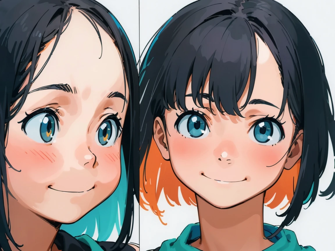 (masterpiece, best quality), 1girl, anime character facial expression sheet, Draw one facial expression from various directions on one sheet, draw a total of 6 faces, 3 horizontally and 2 vertically. The specified facial expression is a cheerful smile, portrait shot area depiction,
BREAK,
girl, age18, 165cm tall, slender, medium bob brunette hair, large slanted eyes, , (simple white background, only characters are colored:1.3),