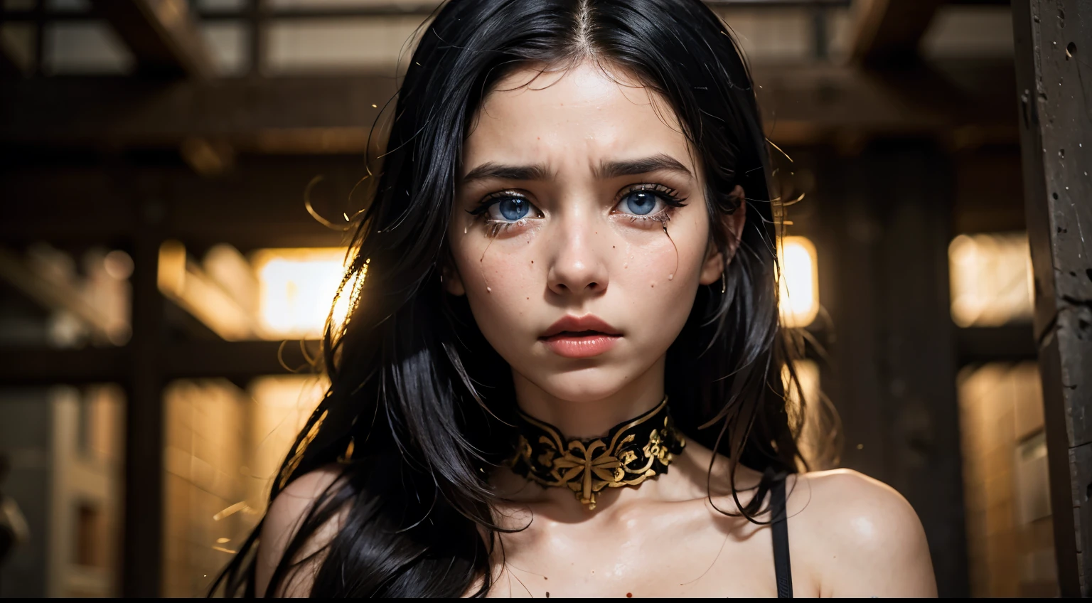 35mm film, solo, makeup, ((blue eyes)), looking at viewer, upper body, epiCPhoto, focus on face, (black and gold dress) close to viewer, intricate lines, ((stone prison)), sharp magnificent details, delicate features, elaborate details, beautiful girl, black hair, (((long hair))) 1girl, eighteen year old woman ((upper body)) (Acne), (sad) (crying)